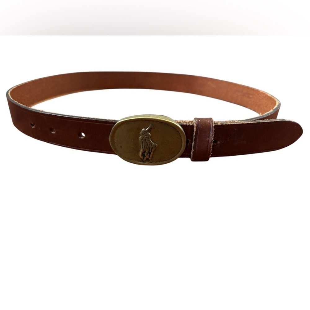 Vintage 80s Polo Ralph Lauren Leather Belt Brass Oval Buckle Sz 30 Equestrian